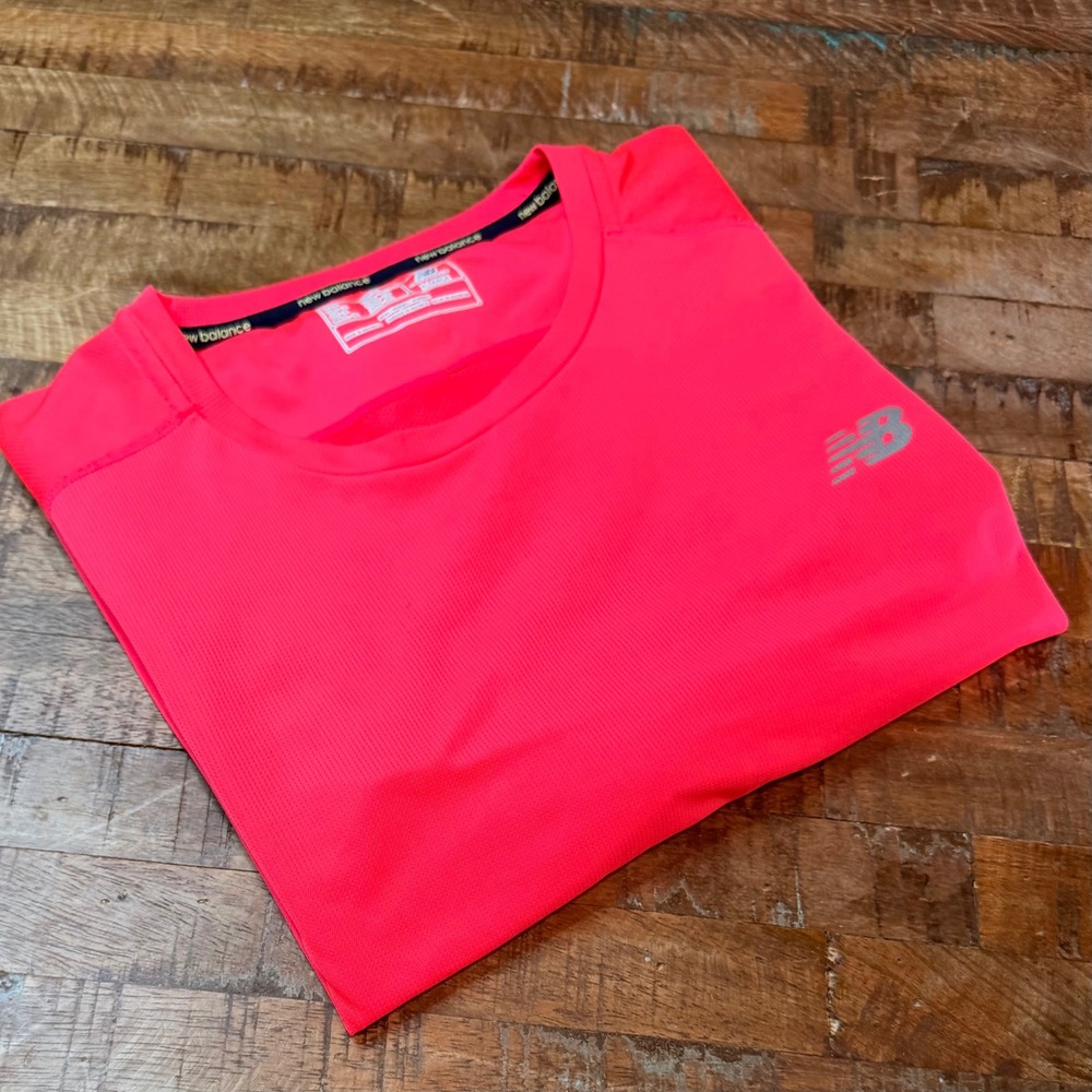 New Balance NB Ice Mens XL Neon Coral Red Running Shirt Short Sleeve Reflective